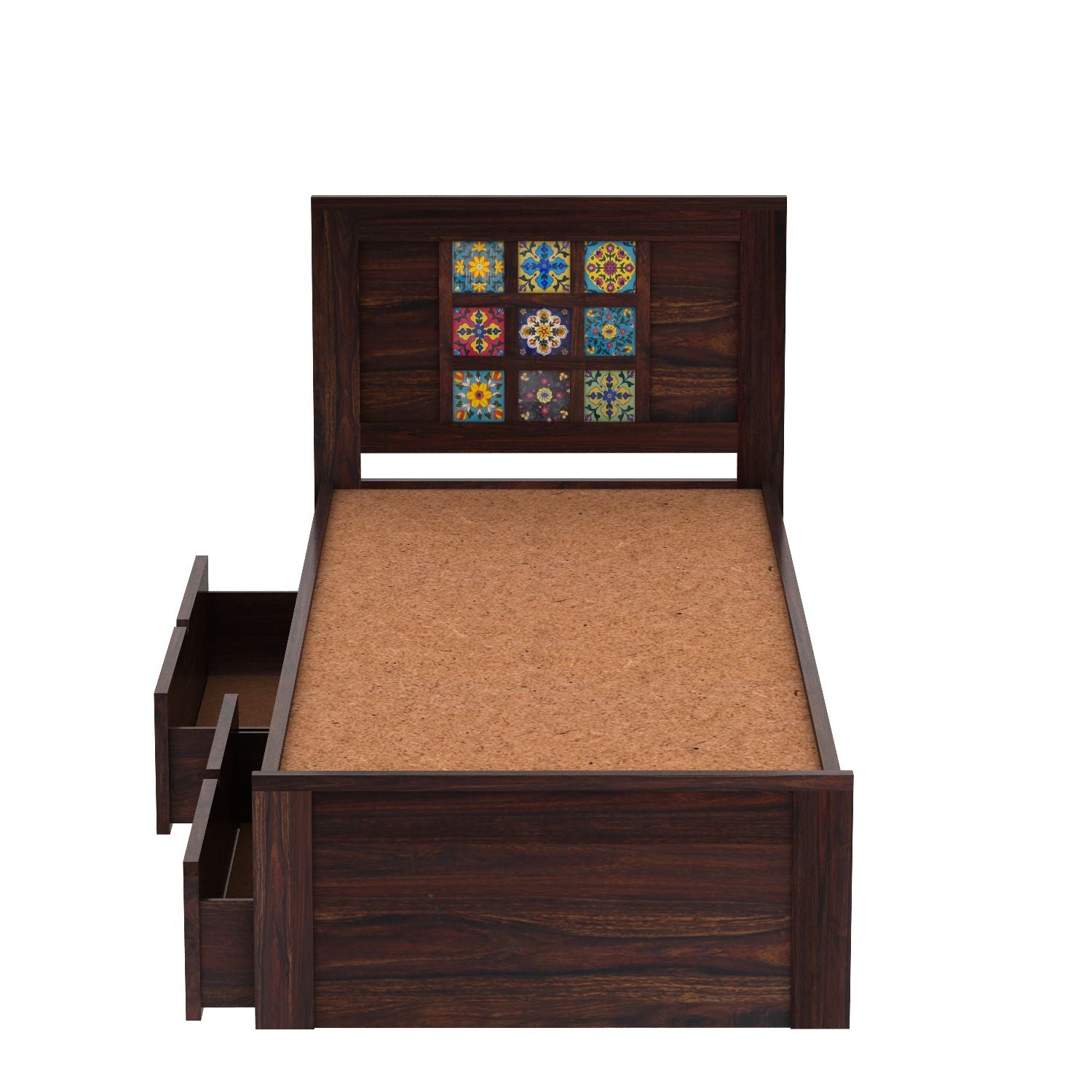 Dotwork Solid Sheesham Wood Single Bed With Two Drawers (Walnut Finish)