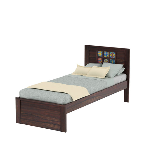 Dotwork Solid Sheesham Wood Single Bed Without Storage (Walnut Finish)