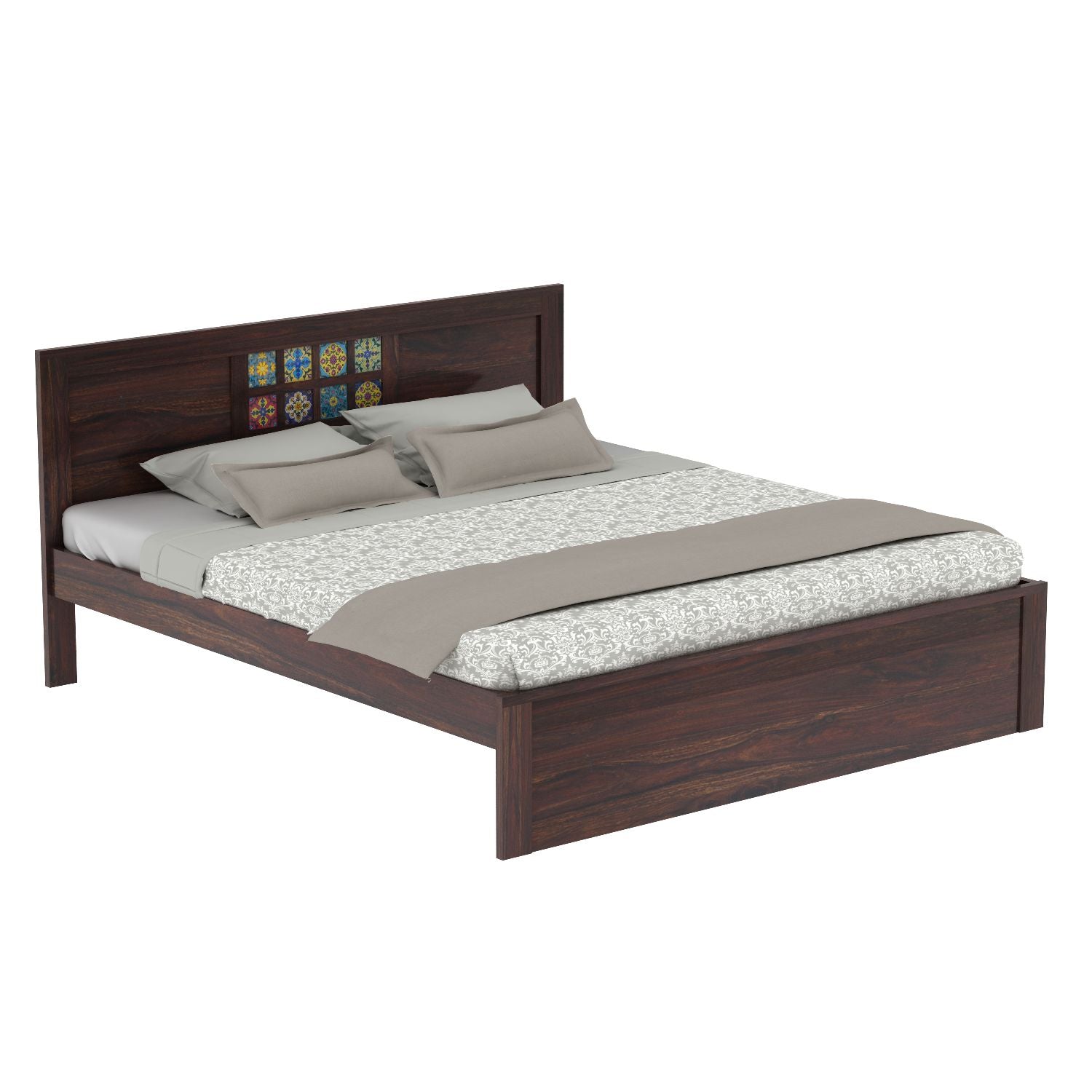 Dotwork Solid Sheesham Wood Bed Without Storage (Queen Size, Walnut Finish)