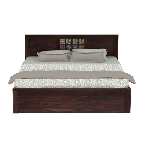 Dotwork Solid Sheesham Wood Bed Without Storage (Queen Size, Walnut Finish)