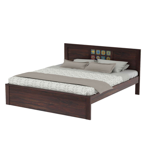 Dotwork Solid Sheesham Wood Bed Without Storage (King Size, Walnut Finish)
