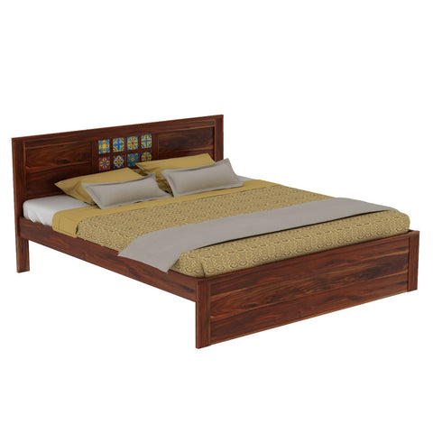 Dotwork Solid Sheesham Wood Bed Without Storage (Queen Size, Natural Finish)