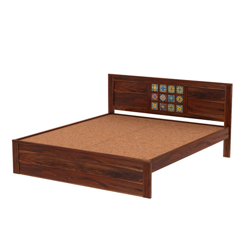 Dotwork Solid Sheesham Wood Bed Without Storage (King Size, Natural Finish)