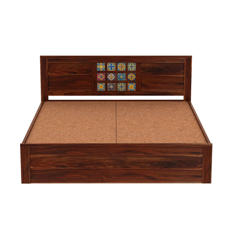 Dotwork Solid Sheesham Wood Bed Without Storage (Queen Size, Natural Finish)