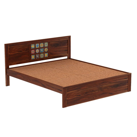 Dotwork Solid Sheesham Wood Bed Without Storage (King Size, Natural Finish)