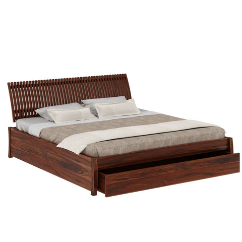 Dumdum Solid Sheesham Wood Bed With One Drawer (King Size, Natural Finish)