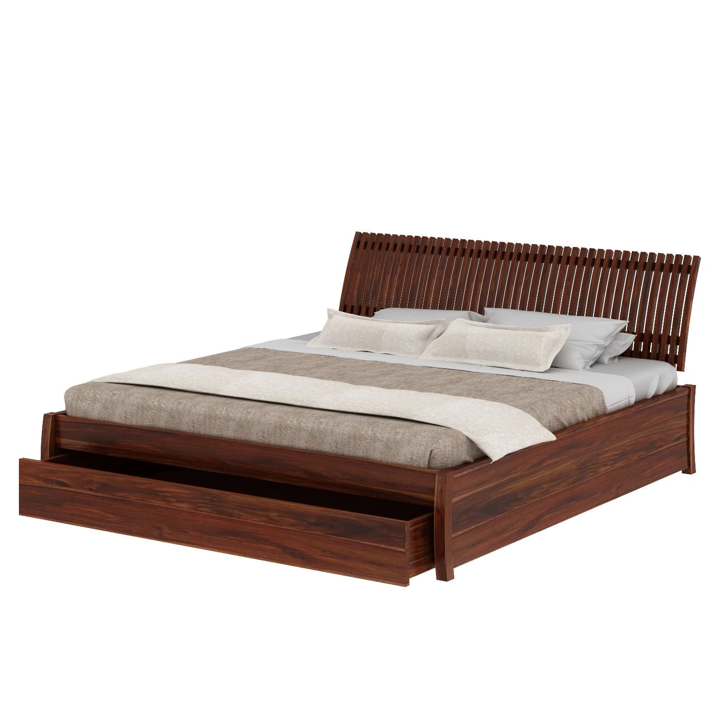Dumdum Solid Sheesham Wood Bed With One Drawer (King Size, Natural Finish)