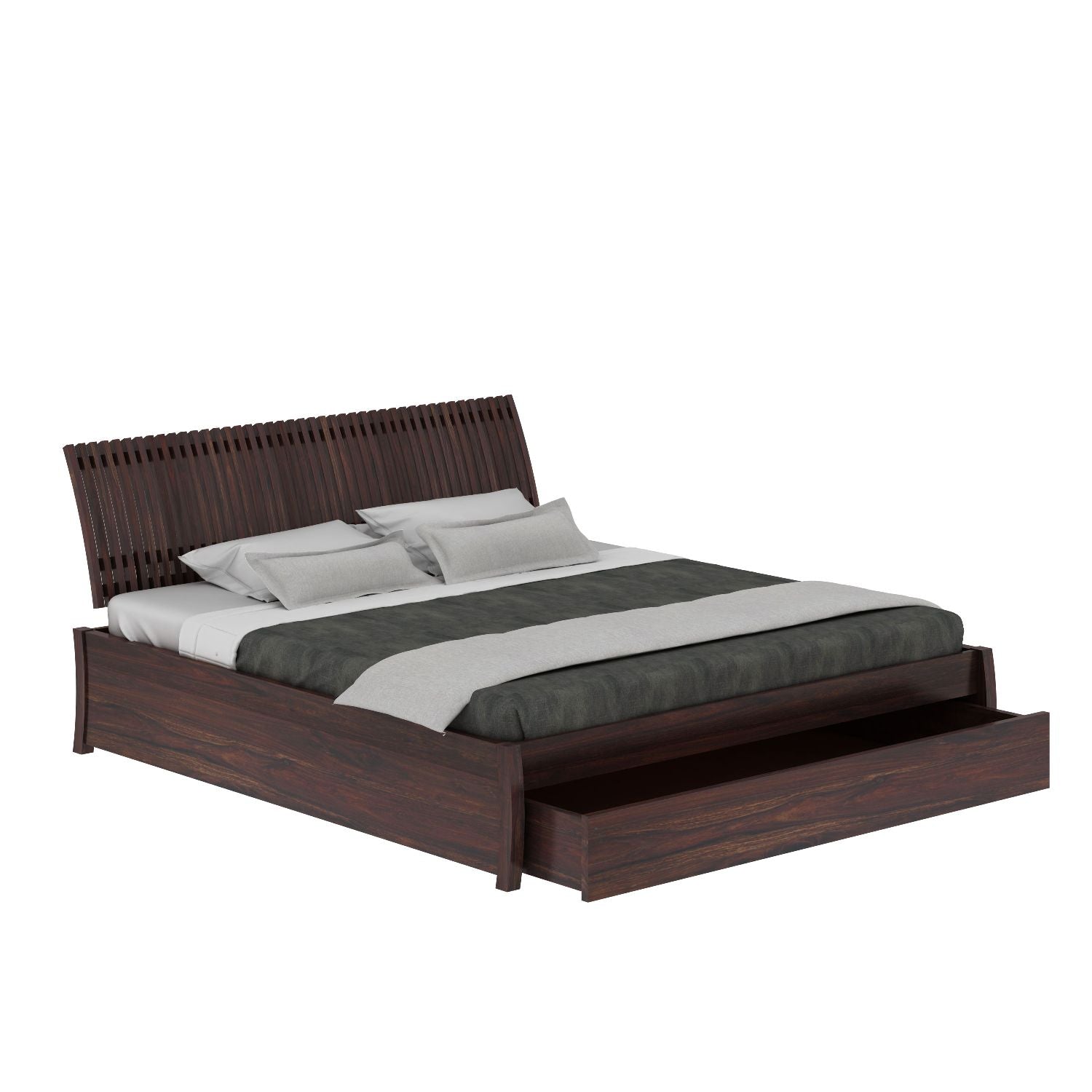 Dumdum Solid Sheesham Wood Bed With One Drawer (Queen Size, Walnut Finish)