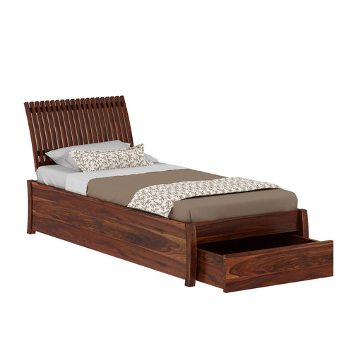 Dumdum Solid Sheesham Wood Single Bed With Drawer Storage (Natural Finish)