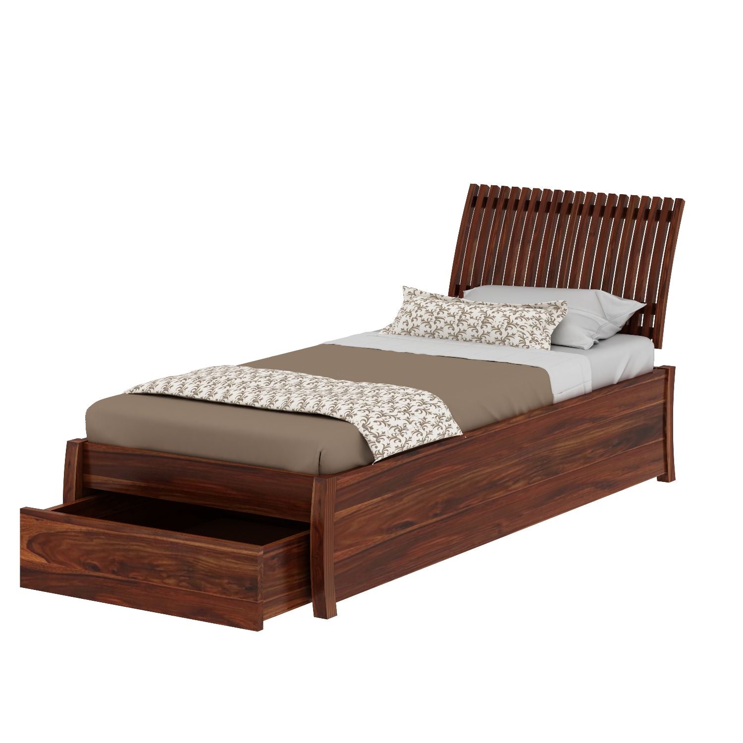 Dumdum Solid Sheesham Wood Single Bed With Drawer Storage (Natural Finish)