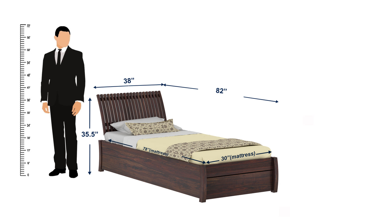 Dumdum Solid Sheesham Wood Single Bed With Drawer Storage (Walnut Finish)