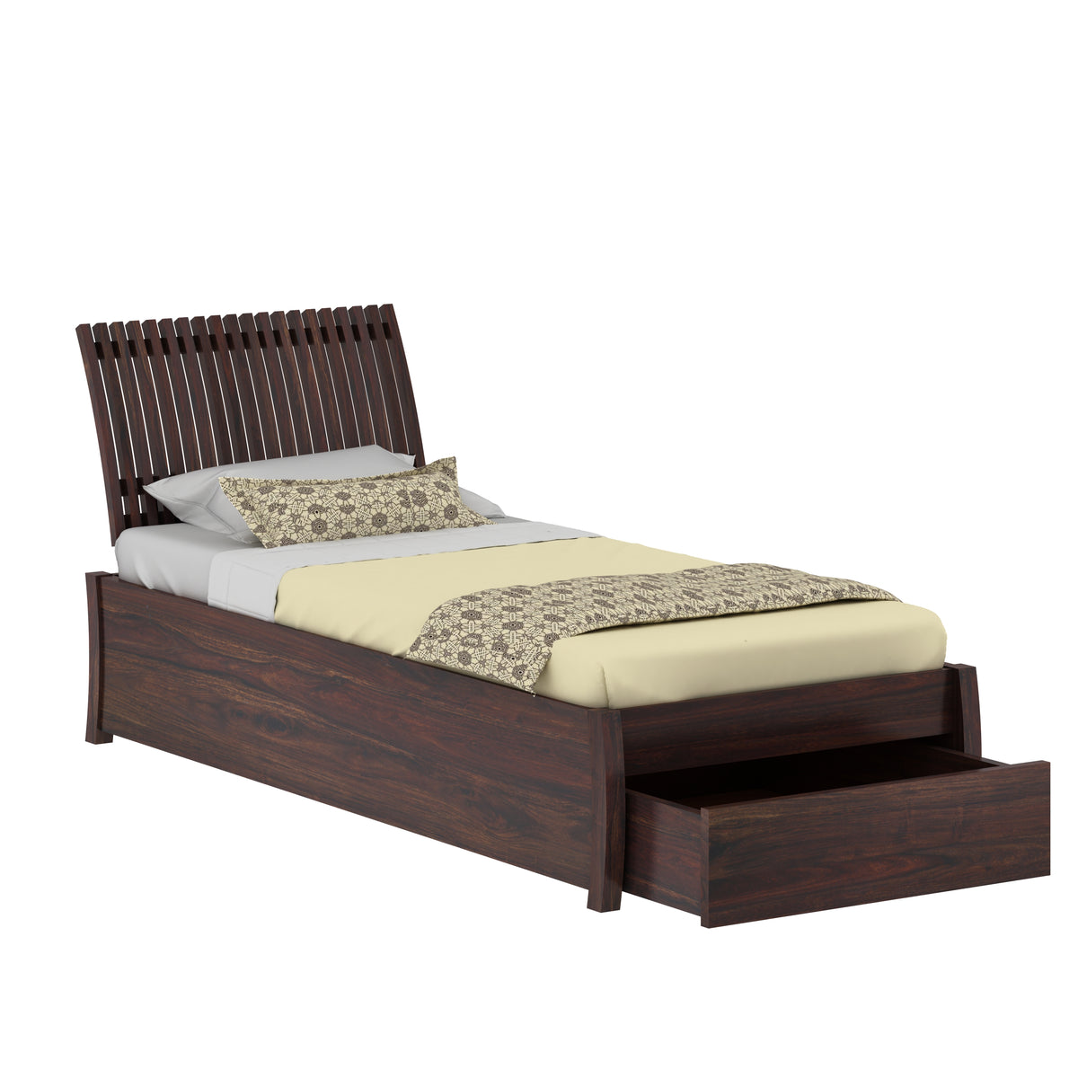 Dumdum Solid Sheesham Wood Single Bed With Drawer Storage (Walnut Finish)