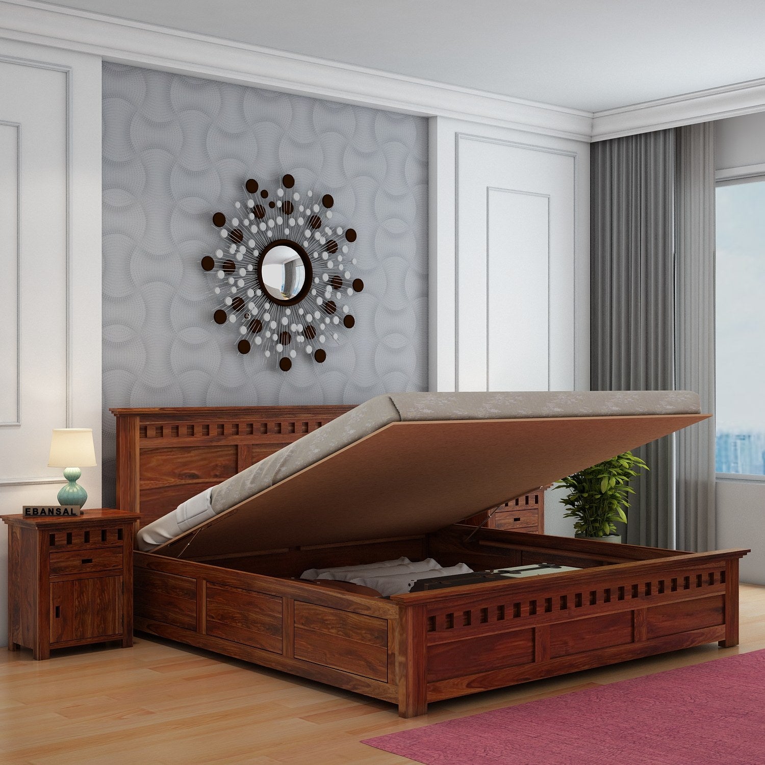 Amer Solid Sheesham Wood Hydraulic Bed With Box Storage (King Size, Natural Finish)