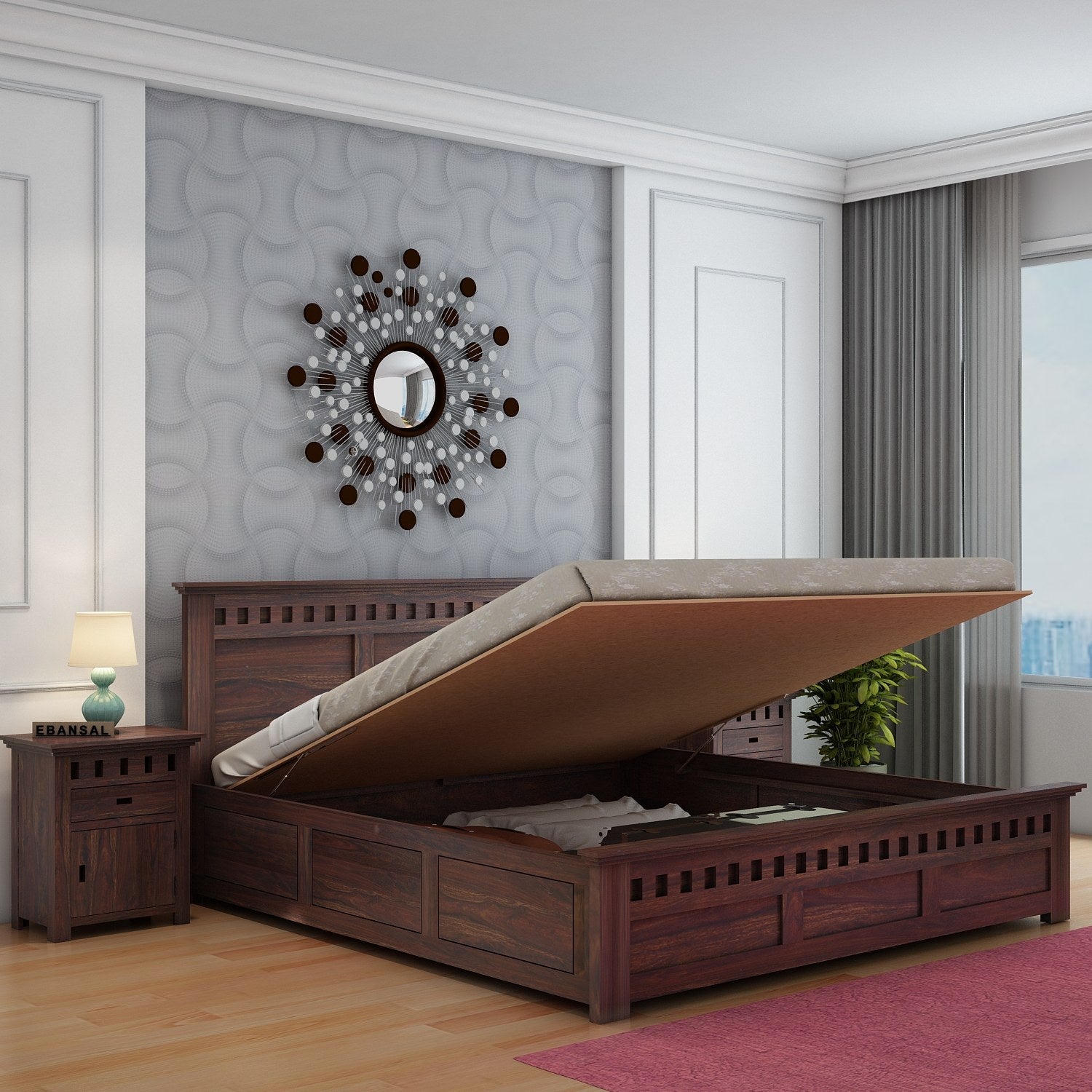 Amer Solid Sheesham Wood Hydraulic Bed With Box Storage (Queen Size, Walnut Finish)