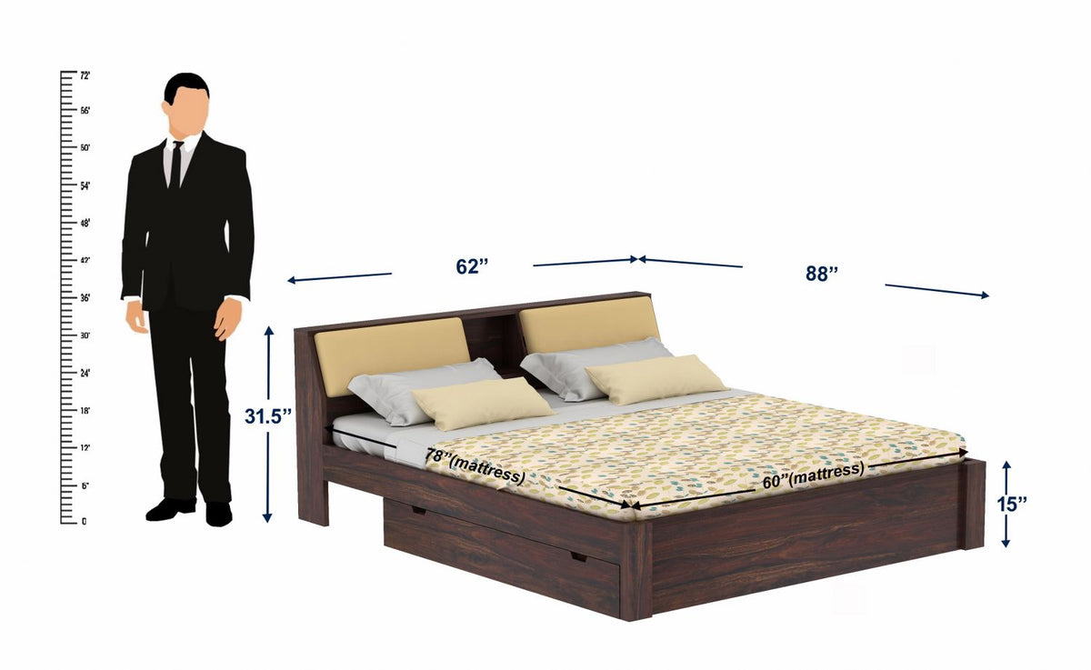 Rubikk Solid Sheesham Wood Bed With Two Drawers (Queen Size, Walnut Finish)