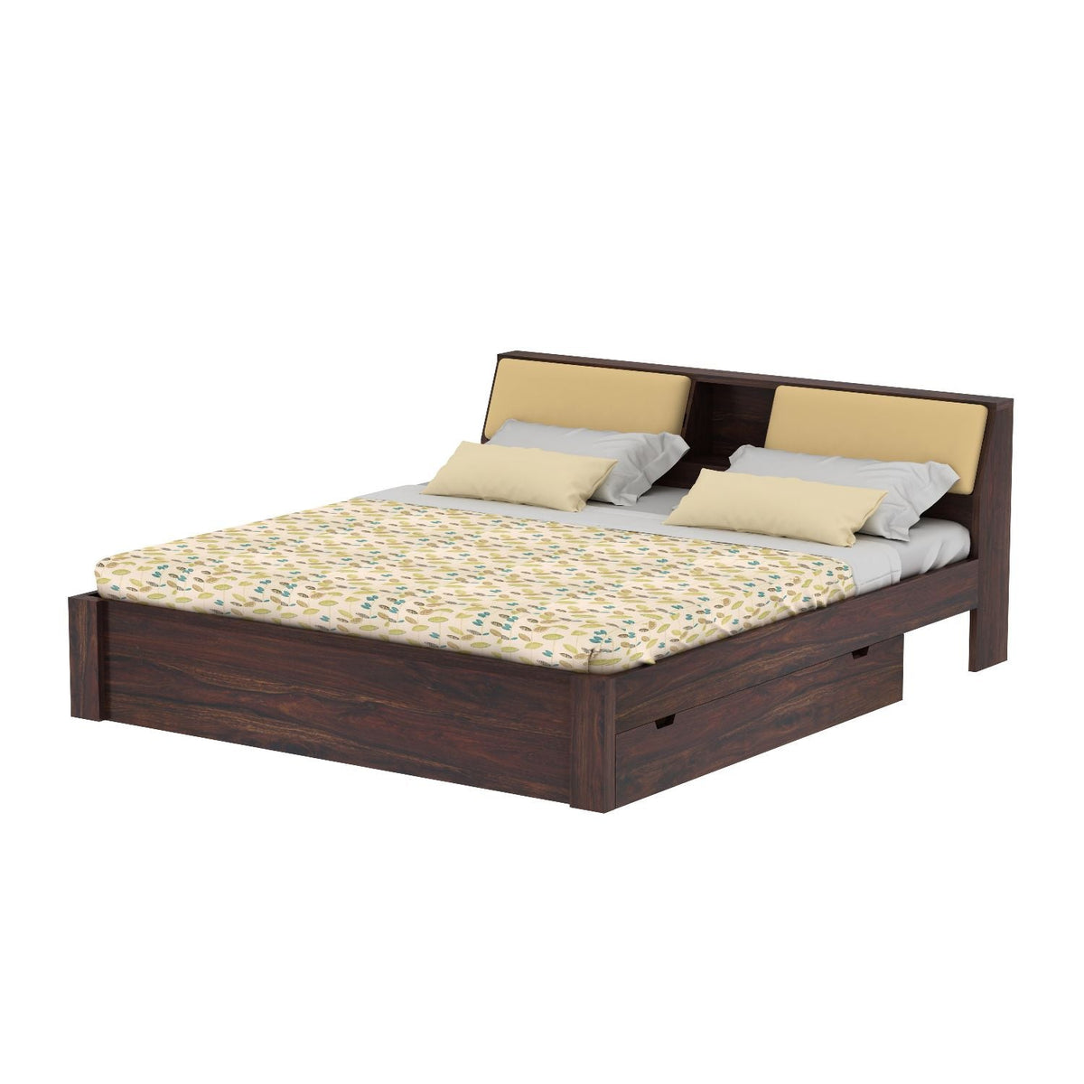 Rubikk Solid Sheesham Wood Bed With Two Drawers (Queen Size, Walnut Finish)