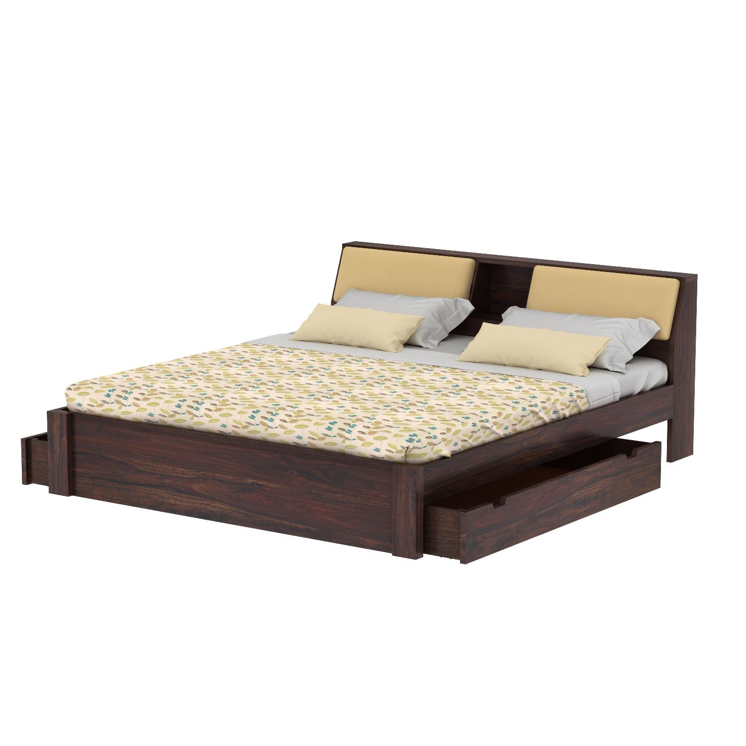 Rubikk Solid Sheesham Wood Bed With Two Drawers (King Size, Walnut Finish)