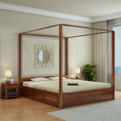 Solivo Solid Sheesham Wood Hydraulic Poster Bed With Box Storage (King Size, Natural Finish)