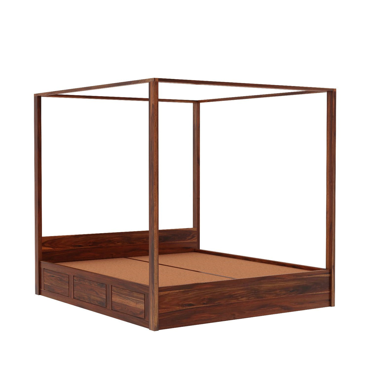 Solivo Solid Sheesham Wood Poster Bed With Box Storage (Queen Size, Natural Finish)