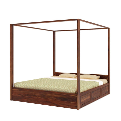 Solivo Solid Sheesham Wood Poster Bed With Box Storage (Queen Size, Natural Finish)