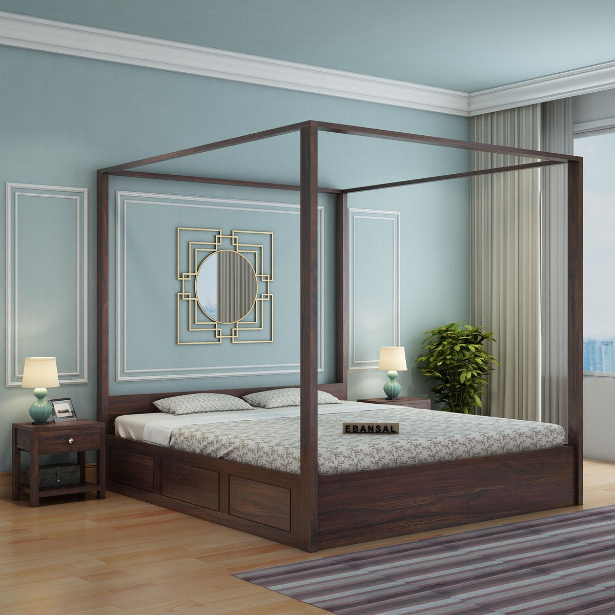 Solivo Solid Sheesham Wood Hydraulic Poster Bed With Box Storage (Queen Size, Walnut Finish)