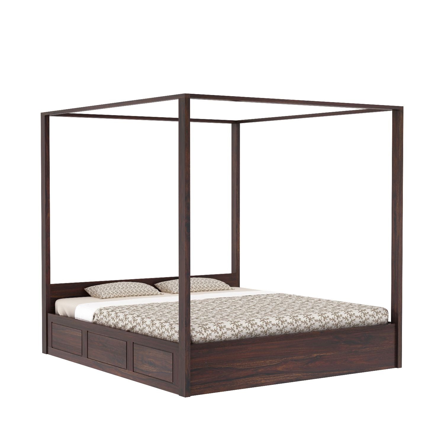 Solivo Solid Sheesham Wood Poster Bed With Box Storage (Queen Size, Walnut Finish)