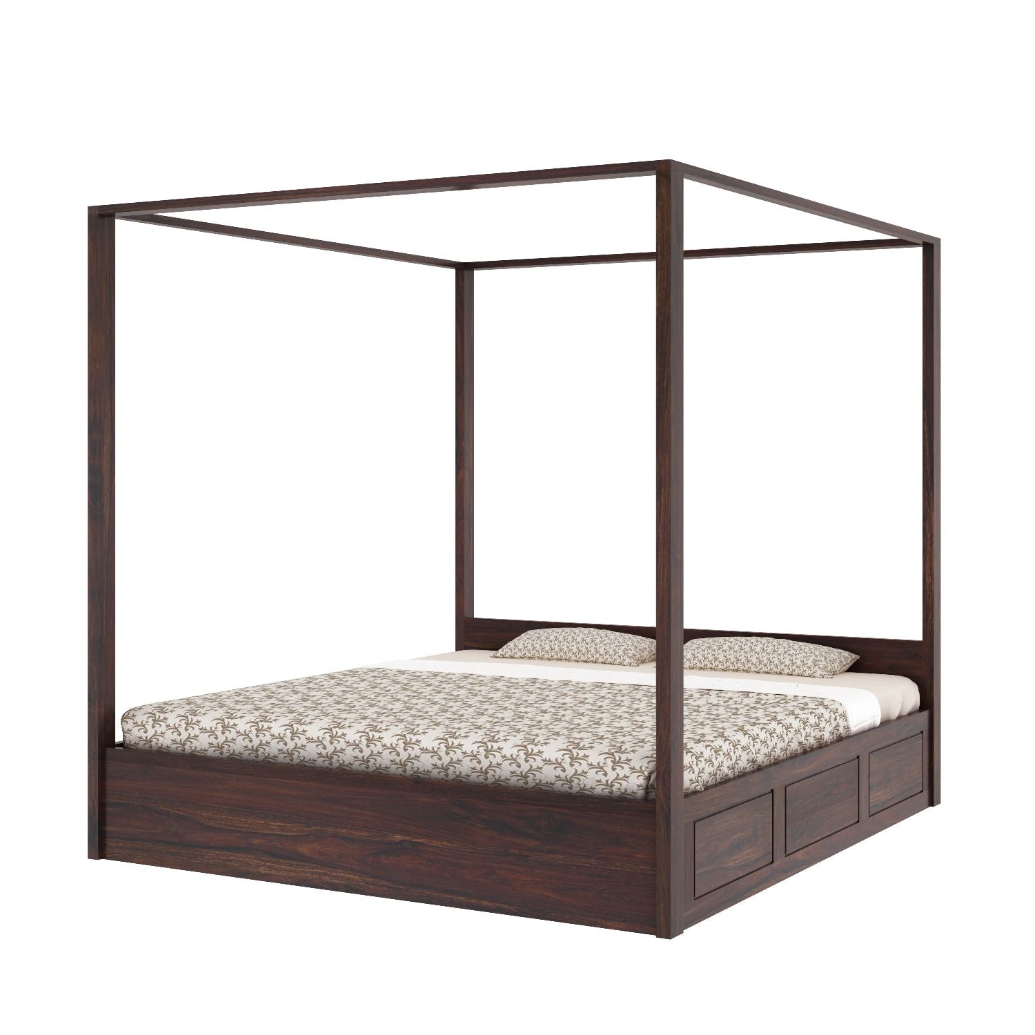 Solivo Solid Sheesham Wood Poster Bed With Box Storage (King Size, Walnut Finish)
