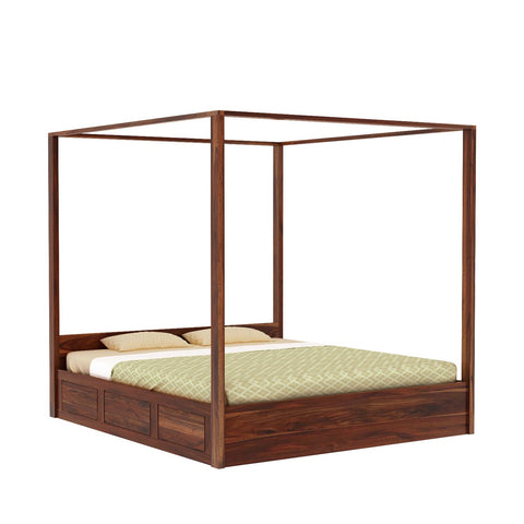 Solivo Solid Sheesham Wood Poster Bed With Box Storage (King Size, Natural Finish)