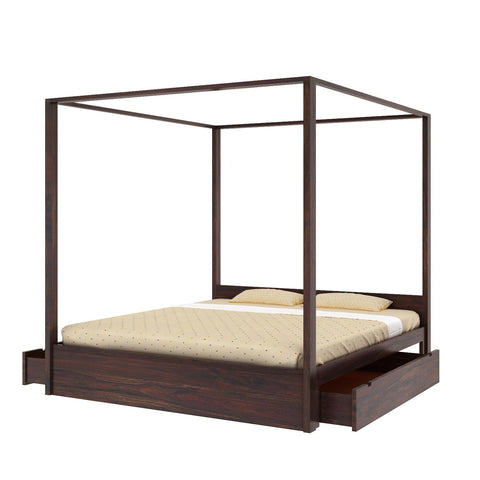 Solivo Solid Sheesham Wood Poster Bed With Two Drawers (Queen Size, Walnut Finish)