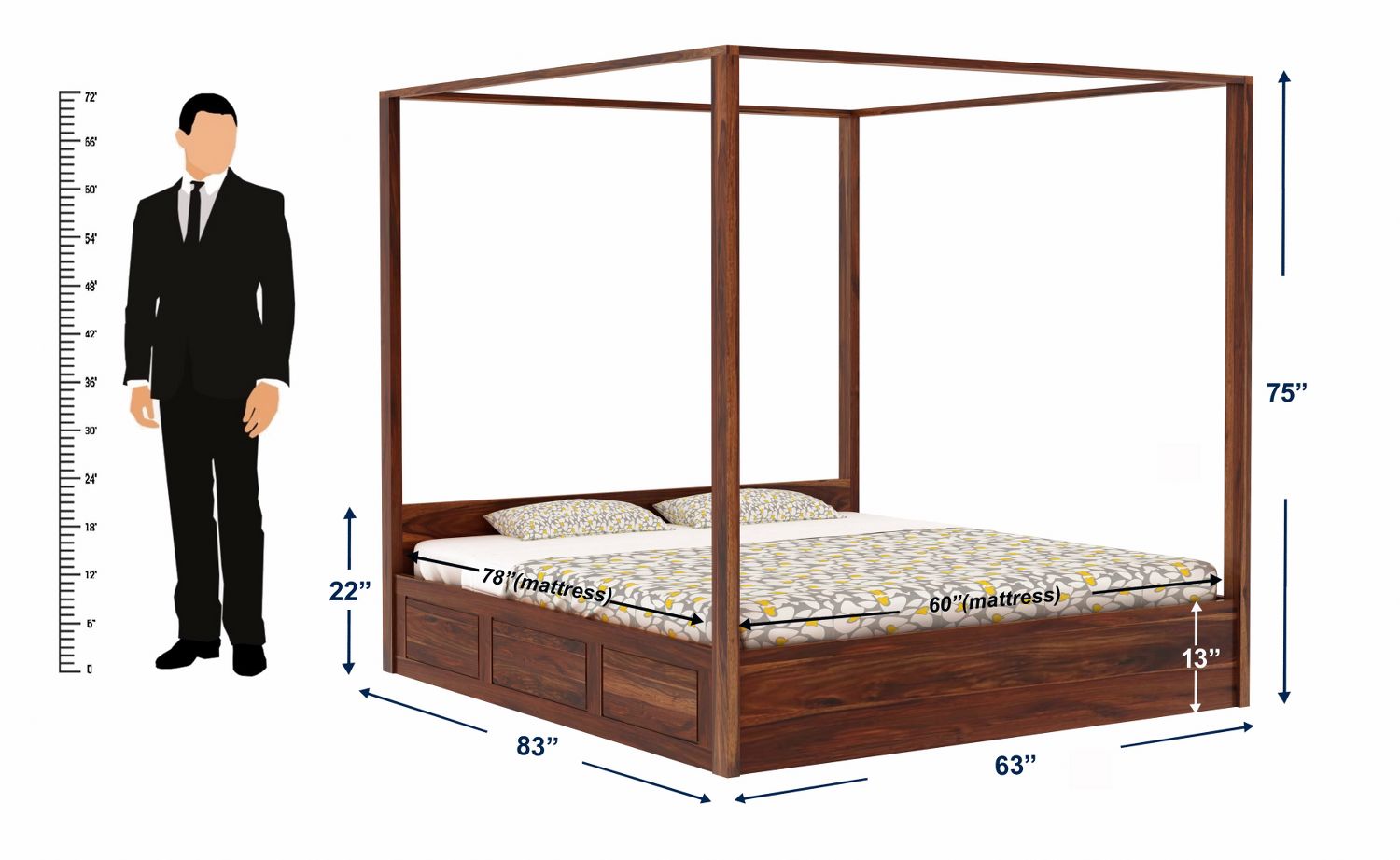 Solivo Solid Sheesham Wood Hydraulic Poster Bed With Box Storage (Queen Size, Natural Finish)