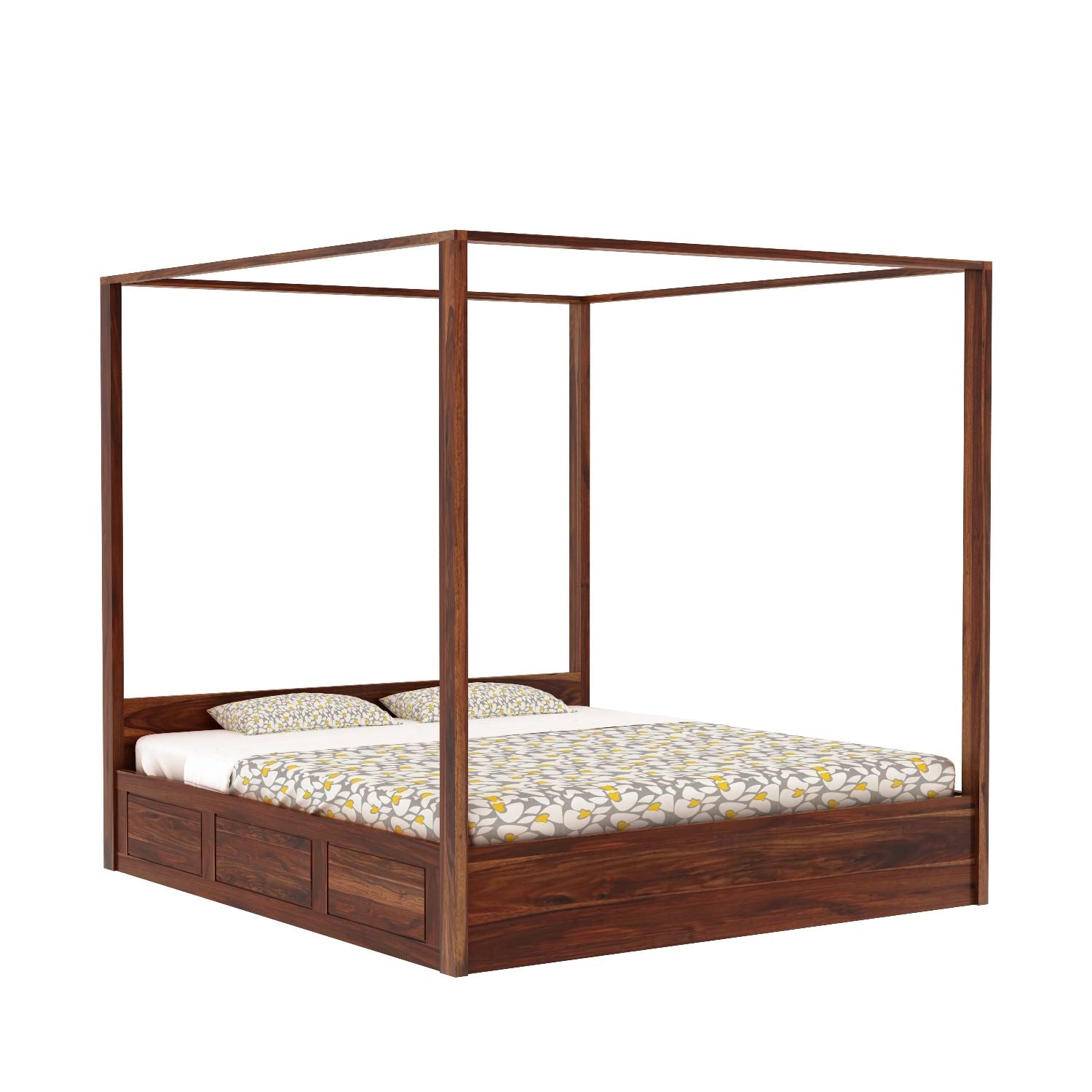 Solivo Solid Sheesham Wood Hydraulic Poster Bed With Box Storage (Queen Size, Natural Finish)