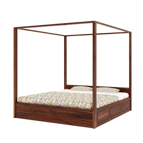 Solivo Solid Sheesham Wood Hydraulic Poster Bed With Box Storage (King Size, Natural Finish)