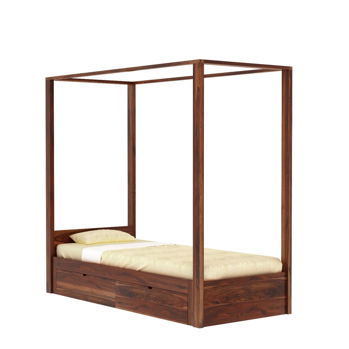 Solivo Solid Sheesham Wood Single Poster Bed With Two Drawers (Natural Finish)