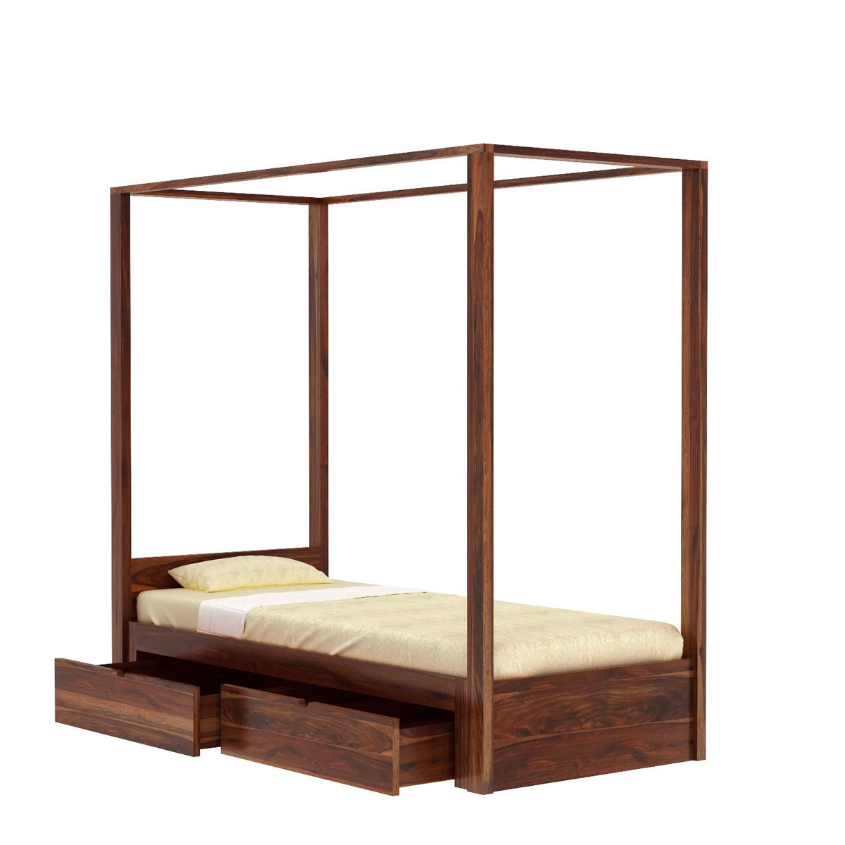 Solivo Solid Sheesham Wood Single Poster Bed With Two Drawers (Natural Finish)