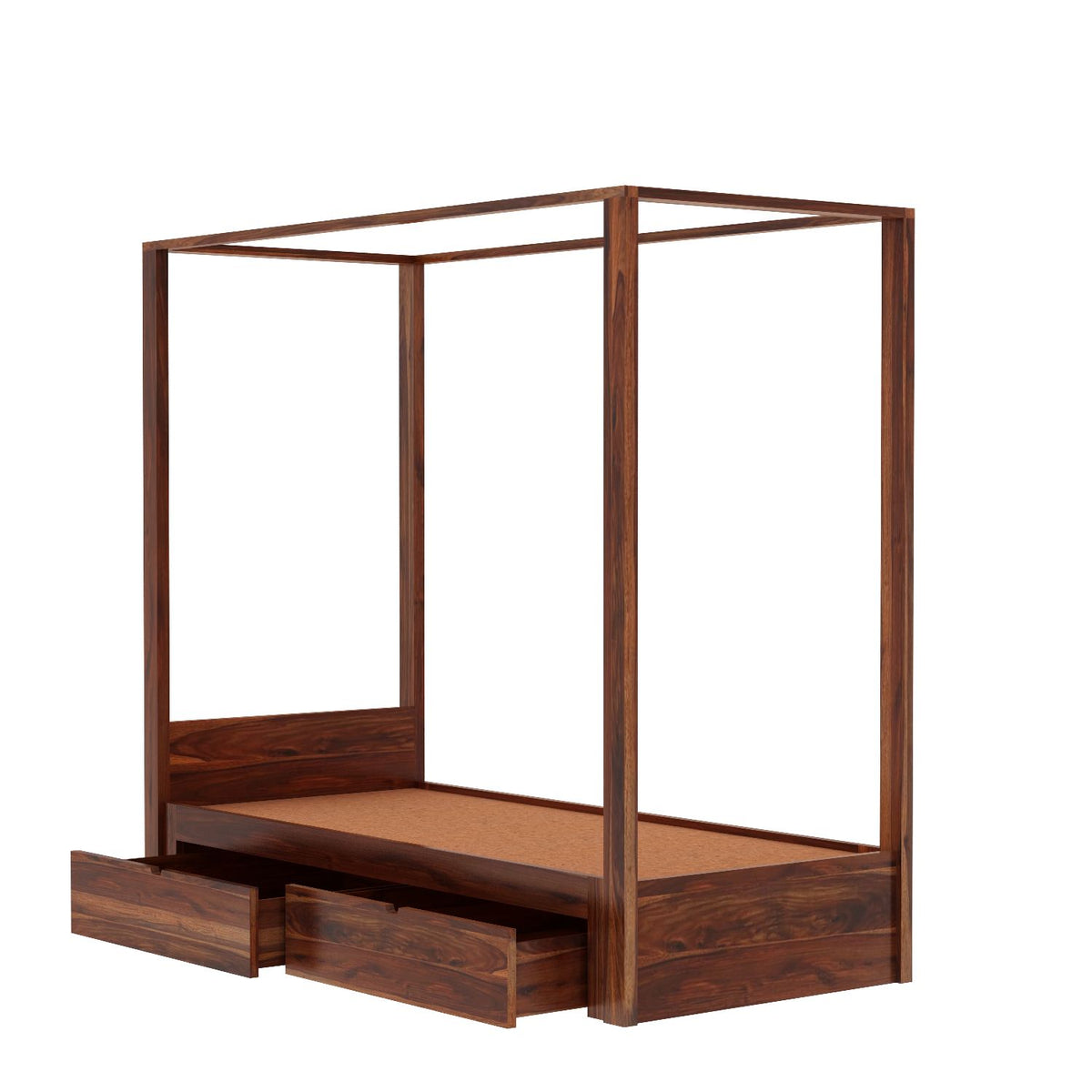 Solivo Solid Sheesham Wood Single Poster Bed With Two Drawers (Natural Finish)