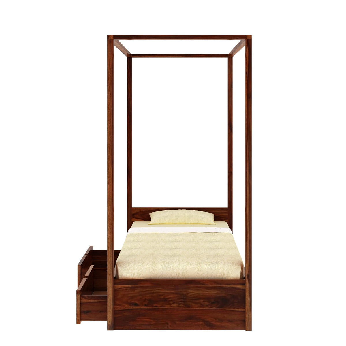 Solivo Solid Sheesham Wood Single Poster Bed With Two Drawers (Natural Finish)