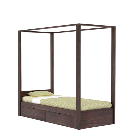Solivo Solid Sheesham Wood Single Poster Bed With Two Drawers (Walnut Finish)