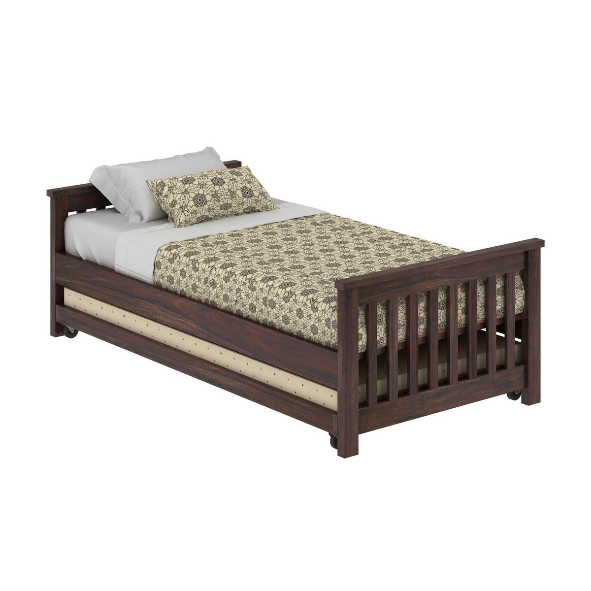 Feelinn Solid Sheesham Wood Trundle Bed (Walnut Finish)