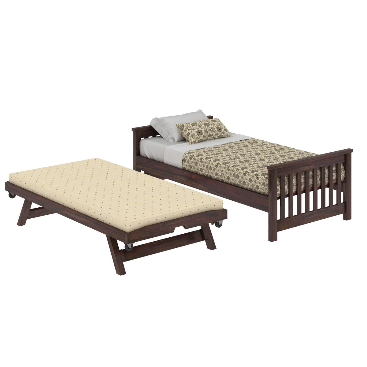 Feelinn Solid Sheesham Wood Trundle Bed (Walnut Finish)
