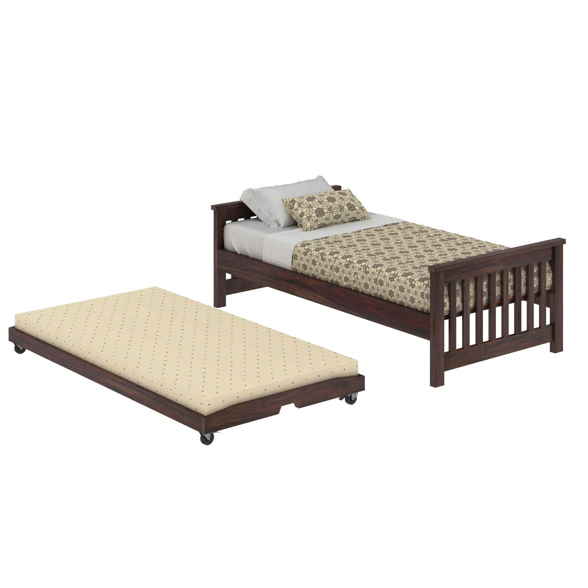 Feelinn Solid Sheesham Wood Trundle Bed (Walnut Finish)
