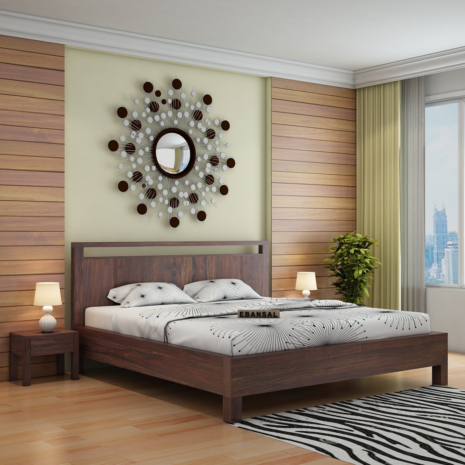 Denzaderb Solid Sheesham Wood Bed Without Storage (King Size, Walnut Finish)