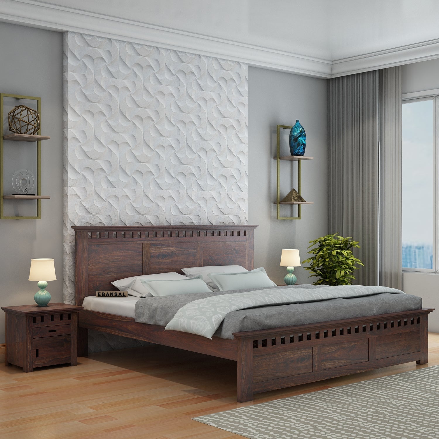 Amer Solid Sheesham Wood Bed Without Storage (King Size, Walnut Finish)