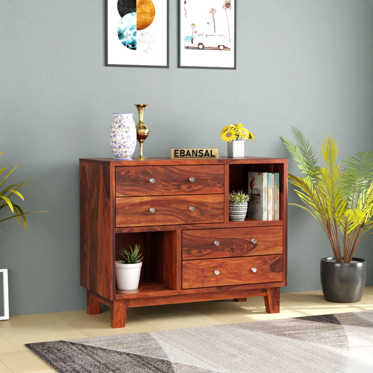 Befree Solid Sheesham Wood Chest of Drawers With Shelves (Natural Finish)