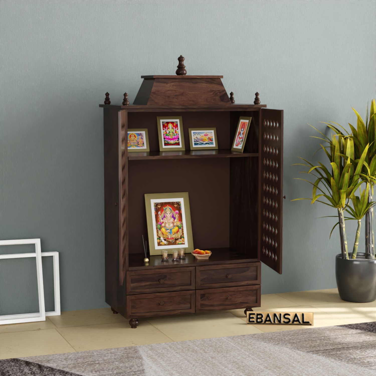 Bhakti Solid Sheesham Wood Temple for Home (Walnut Finish)