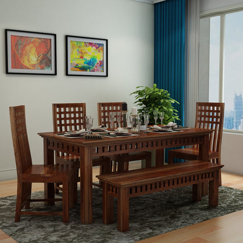 Amer Solid Sheesham Wood 6 Seater Dining Set With Bench (Without Cushion, Natural Finish)