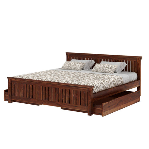 Trinity Solid Sheesham Wood Bed With Two Drawers (Queen Size, Natural Finish)