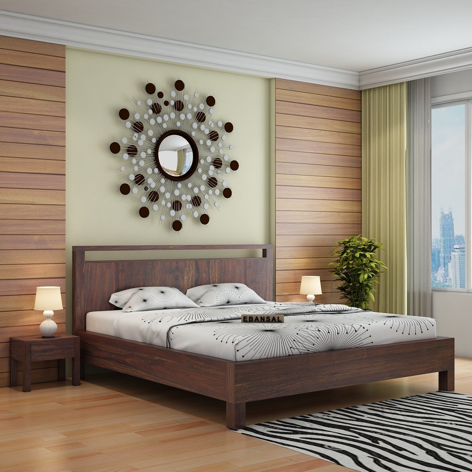 Denzaderb Solid Sheesham Wood Bed Without Storage (Queen Size, Walnut Finish)