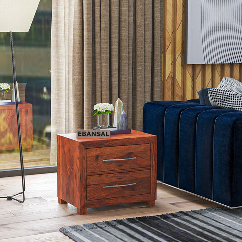 Denzaderb Solid Sheesham Wood Bedside Table With Drawers (Natural Finish)