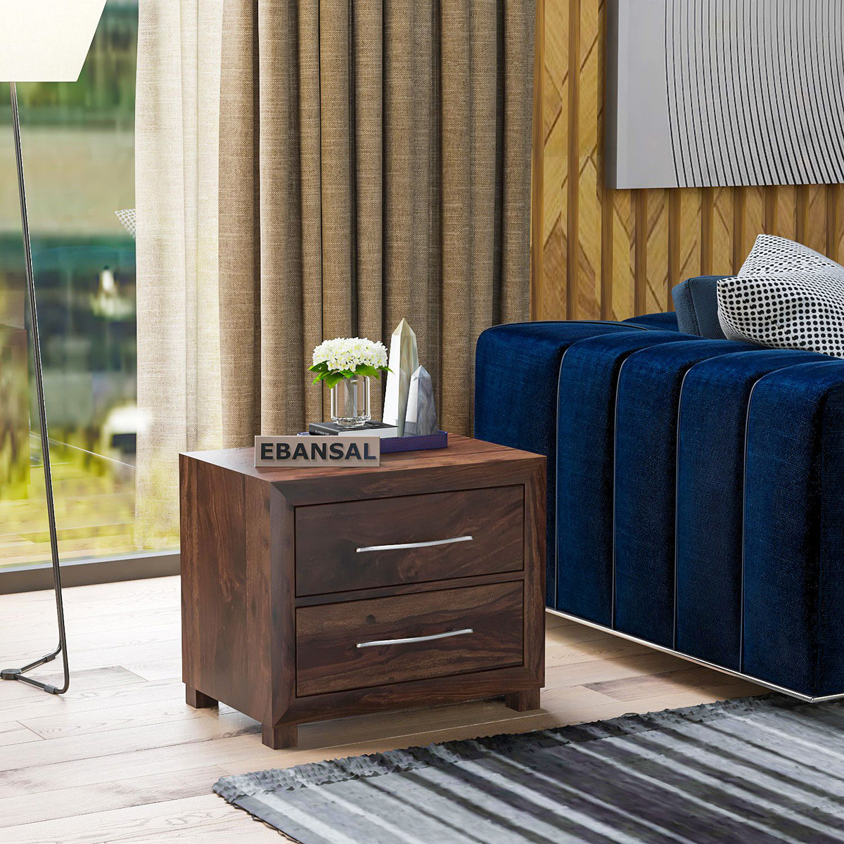 Denzaderb Solid Sheesham Wood Bedside Table With Drawers (Walnut Finish)