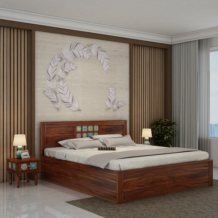 Dotwork Solid Sheesham Wood Bed With Box Storage (King Size, Natural Finish)
